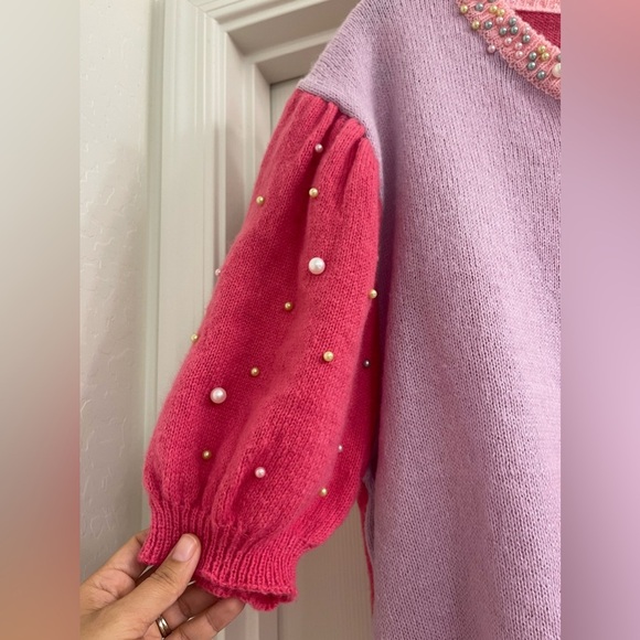 NWT Women’s BiBi Color Block Short Sleeve Sweater with Pearls Size XL - Picture 3 of 6